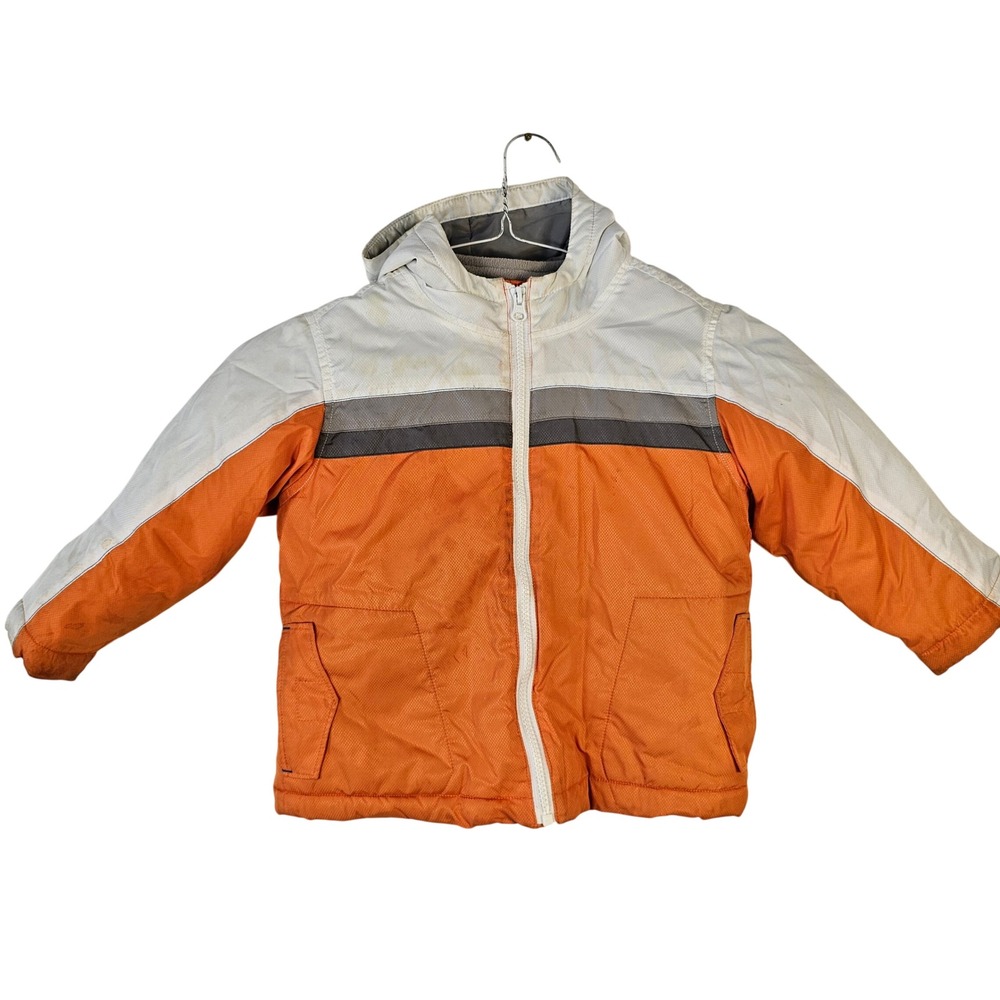 Old Navy Toddler Boys 3T Orange White Grey Colorblock Hooded Puffer Jacket